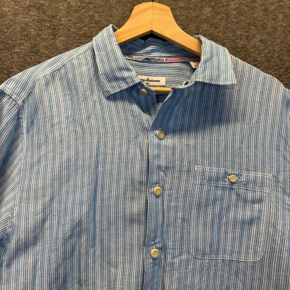 Tommy Bahama Mens Medium Blue White Striped Linen Tencel LS Button Down Shirt